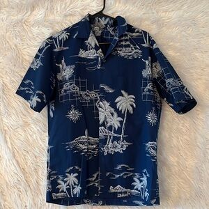Beachy Hawaiian Shirt with Palm Trees, Boats, etc. Print